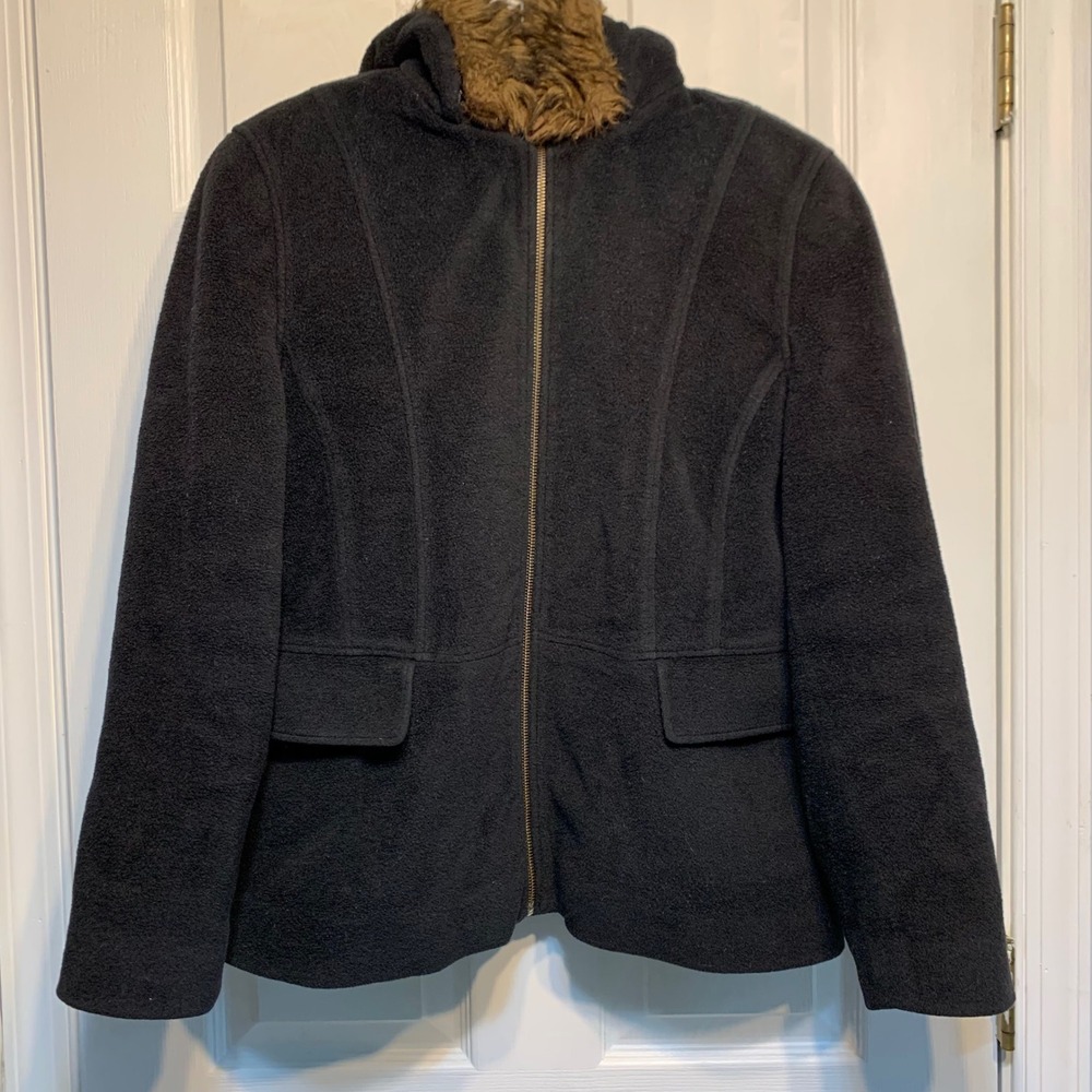 L.L. Bean Hooded Fleece Jacket Size XL Petite Black Faux Fur Trim Gorpcore Retro